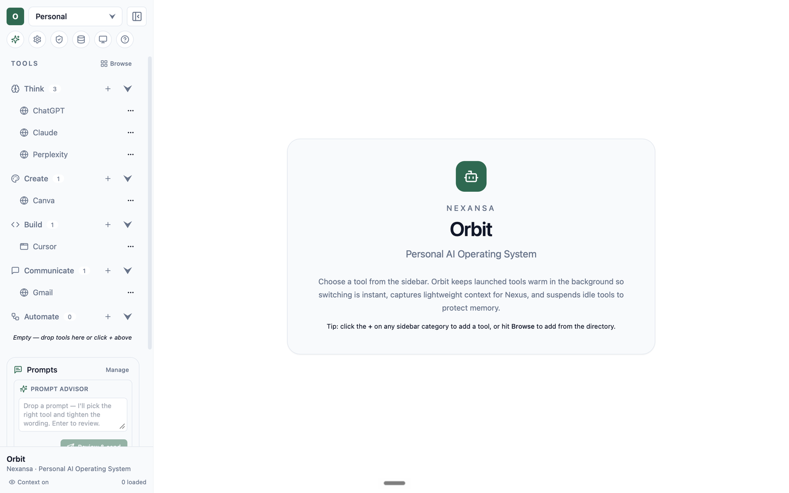 Orbit on Mac: sidebar with AI tools grouped into Think, Create, Build and Communicate, beside the Orbit start screen